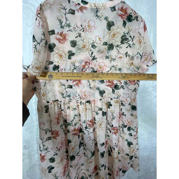 Torrid Tunic 2 2X Pink Green Floral Sheer Hi Lo Peplum Cottagecore Babydoll - Picture 9 of 11